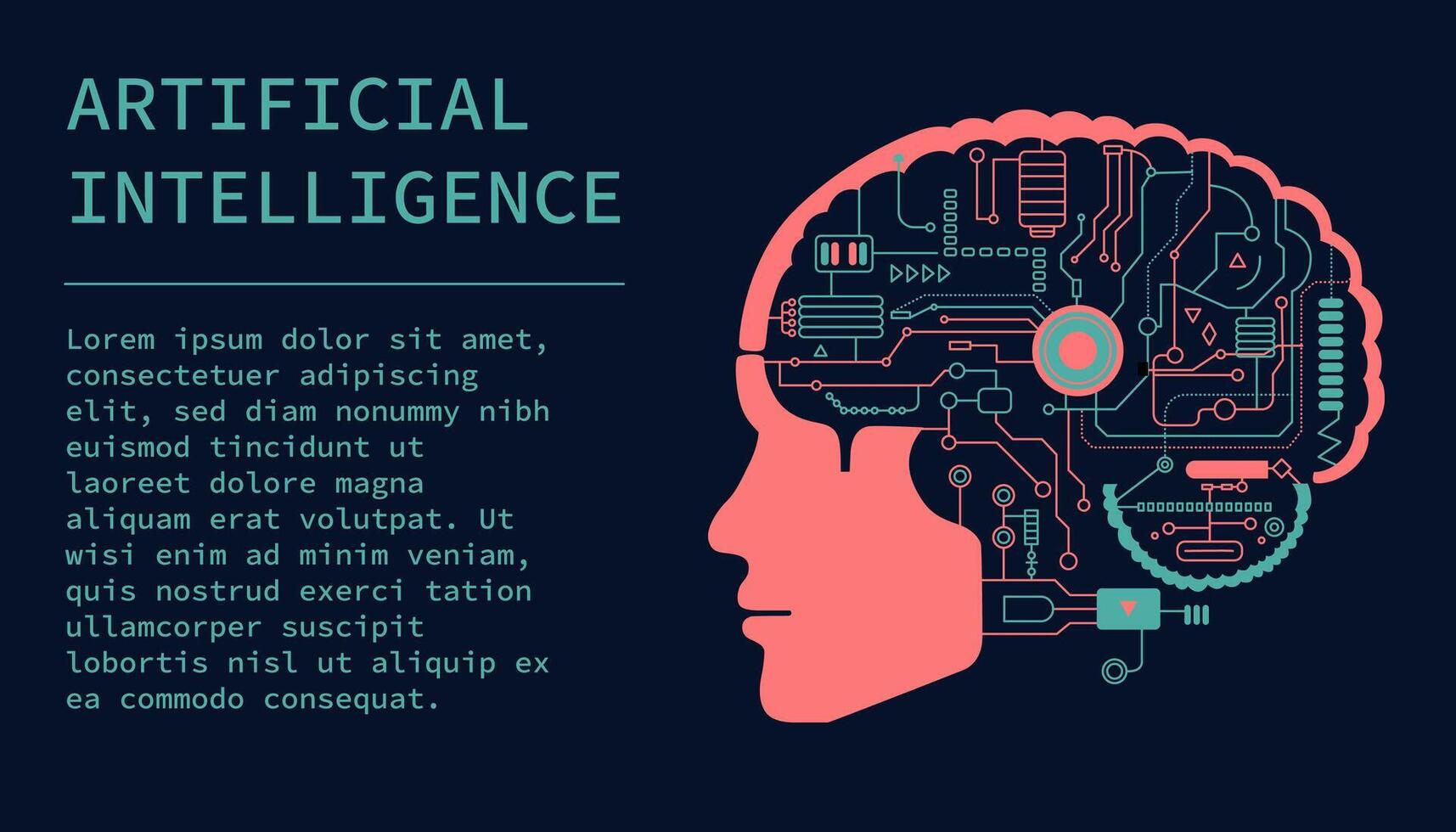 Concept of Artificial Intelligence AI and Big Data. Electronic digital brain, circuit board and human head outline in flat style on a dark background. vector