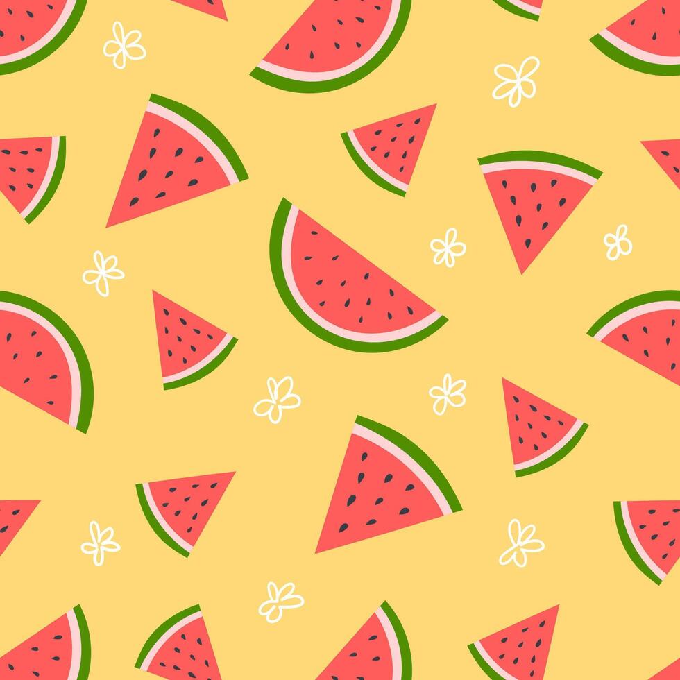 Summer seamless pattern of watermelons on yellow background. Pattern with cute simple elements in flat style. vector