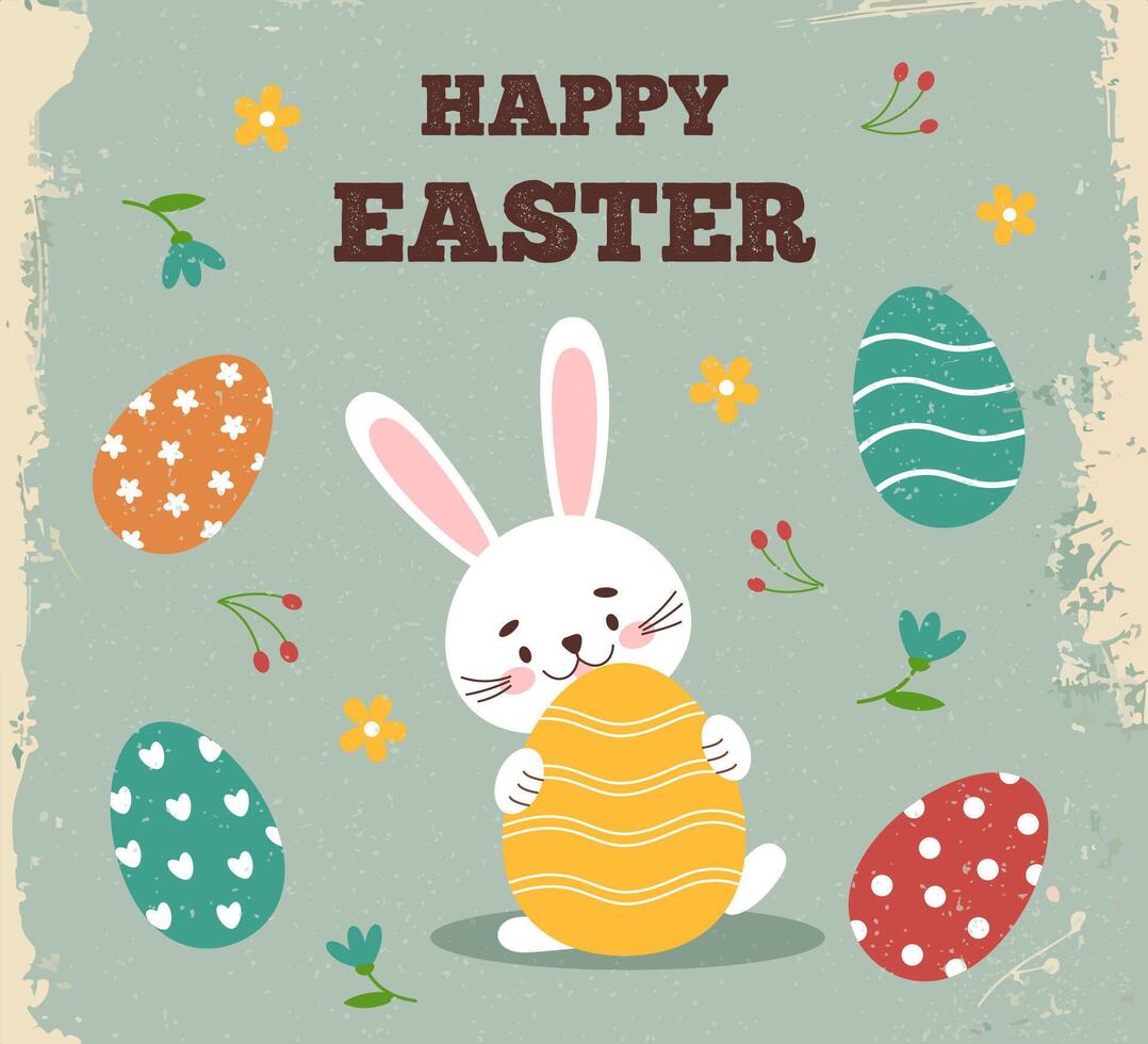 Happy easter card in new nostalgia style. Minimal card designs in retro style, vector illustration template. Old postcard.