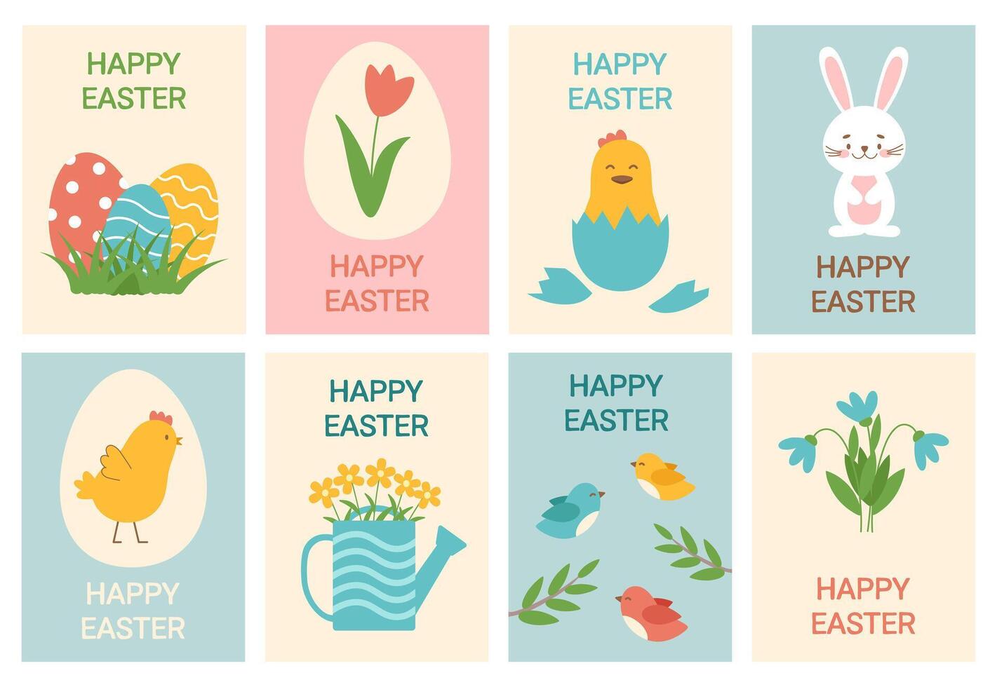 contento Pascua de Resurrección tarjetas colocar. mínimo tarjeta diseños con linda elementos, vector ilustración modelo.