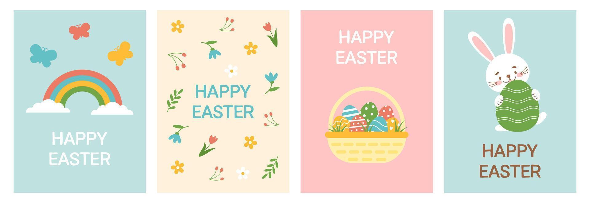 Happy easter cards set. Minimal card designs with cute elements, vector illustration template.