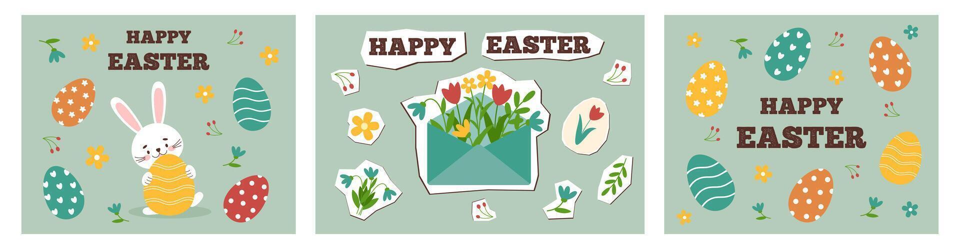contento Pascua de Resurrección tarjetas conjunto en nuevo nostalgia estilo. mínimo tarjeta diseños con linda apliques elementos, vector ilustración modelo.