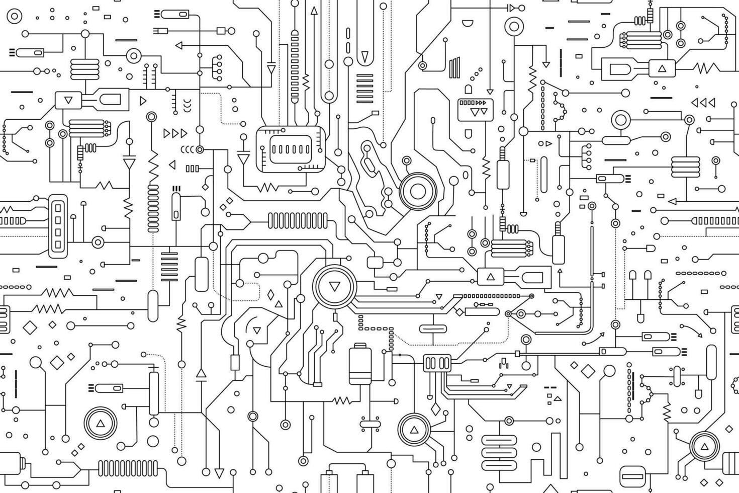 Seamless pattern of circuit board. Illustration in the outline, flat style. Technology background. Artificial intelligence concept. vector