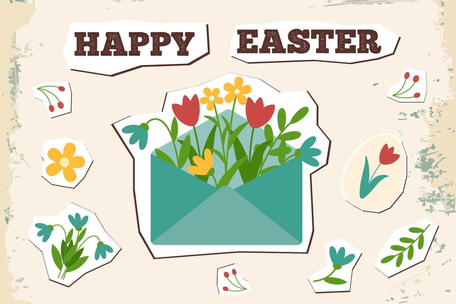 Happy easter card in new nostalgia style. Minimal card designs in retro style, vector illustration template. Old postcard.