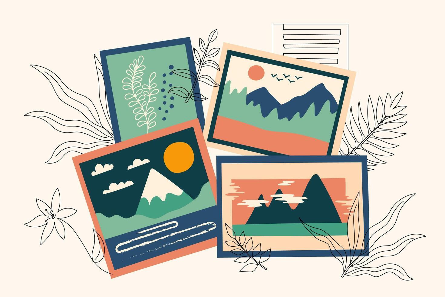 Card in vintage new nostalgia collage style. Postcards and botanical elements. Retro vector illustration in flat style.