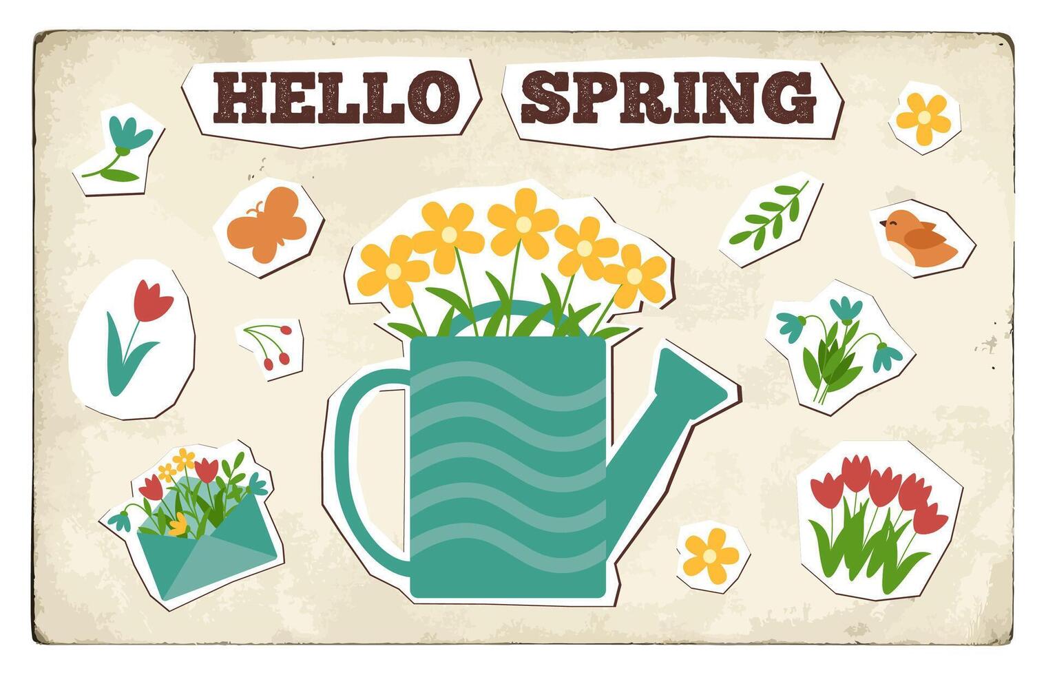 Spring card in new nostalgia style. Minimal card designs in retro style, vector illustration template. Old postcard.