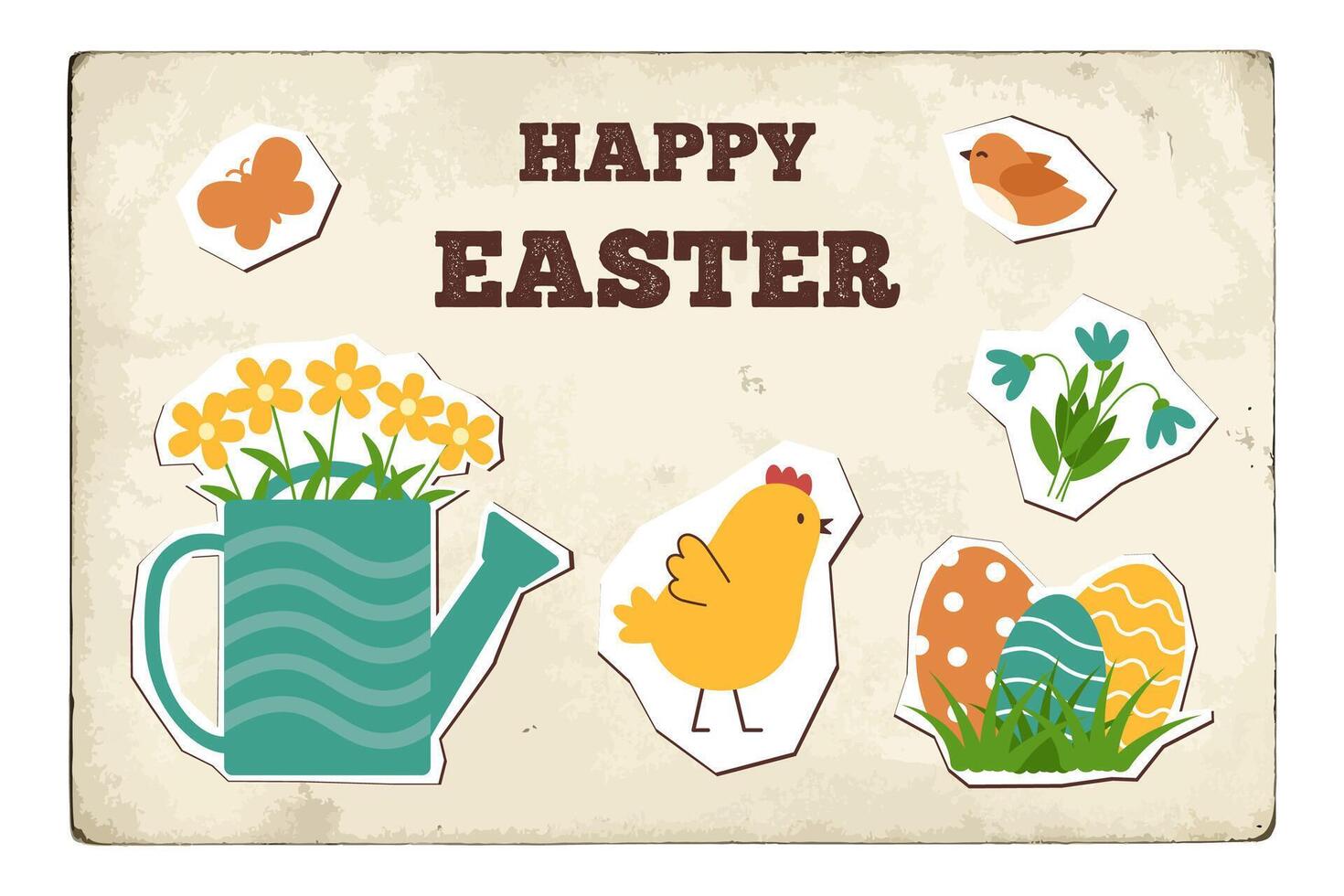 Happy easter card in new nostalgia style. Minimal card designs in retro style, vector illustration template. Old postcard.