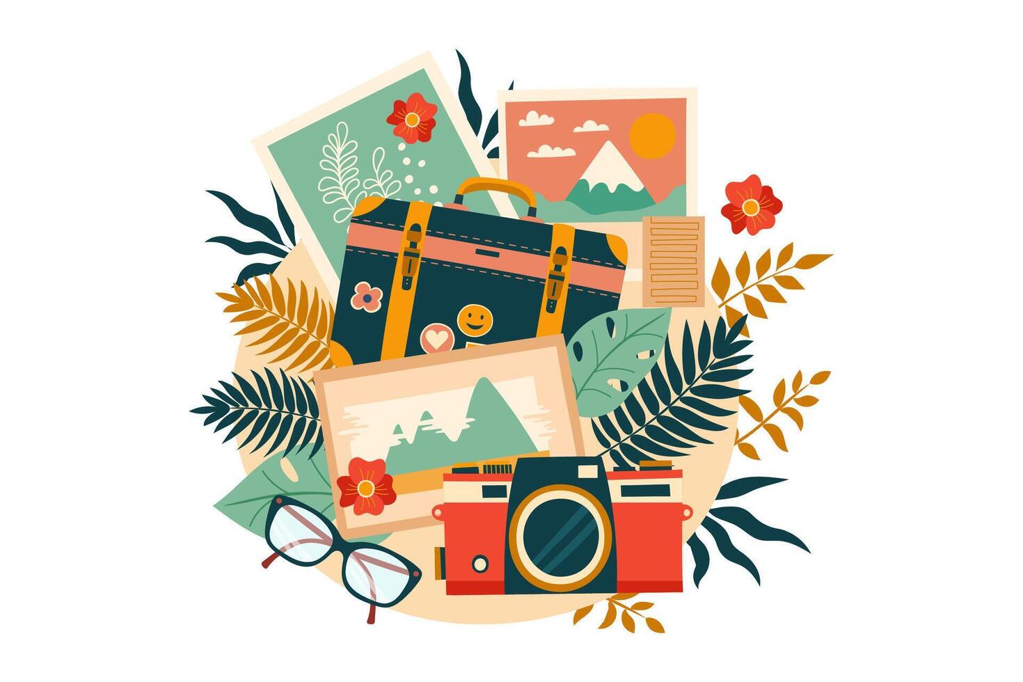 Card in vintage new nostalgia collage style. Travel concept. Collage from travel elements. Retro vector illustration in flat style.