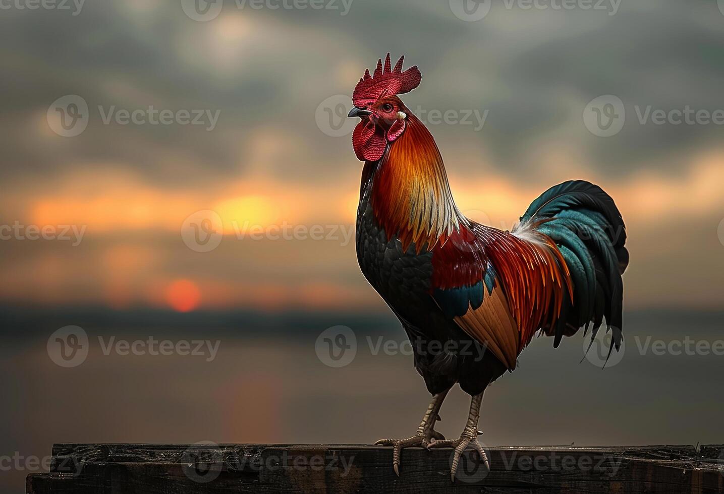 AI generated Rooster standing on fence at sunset photo