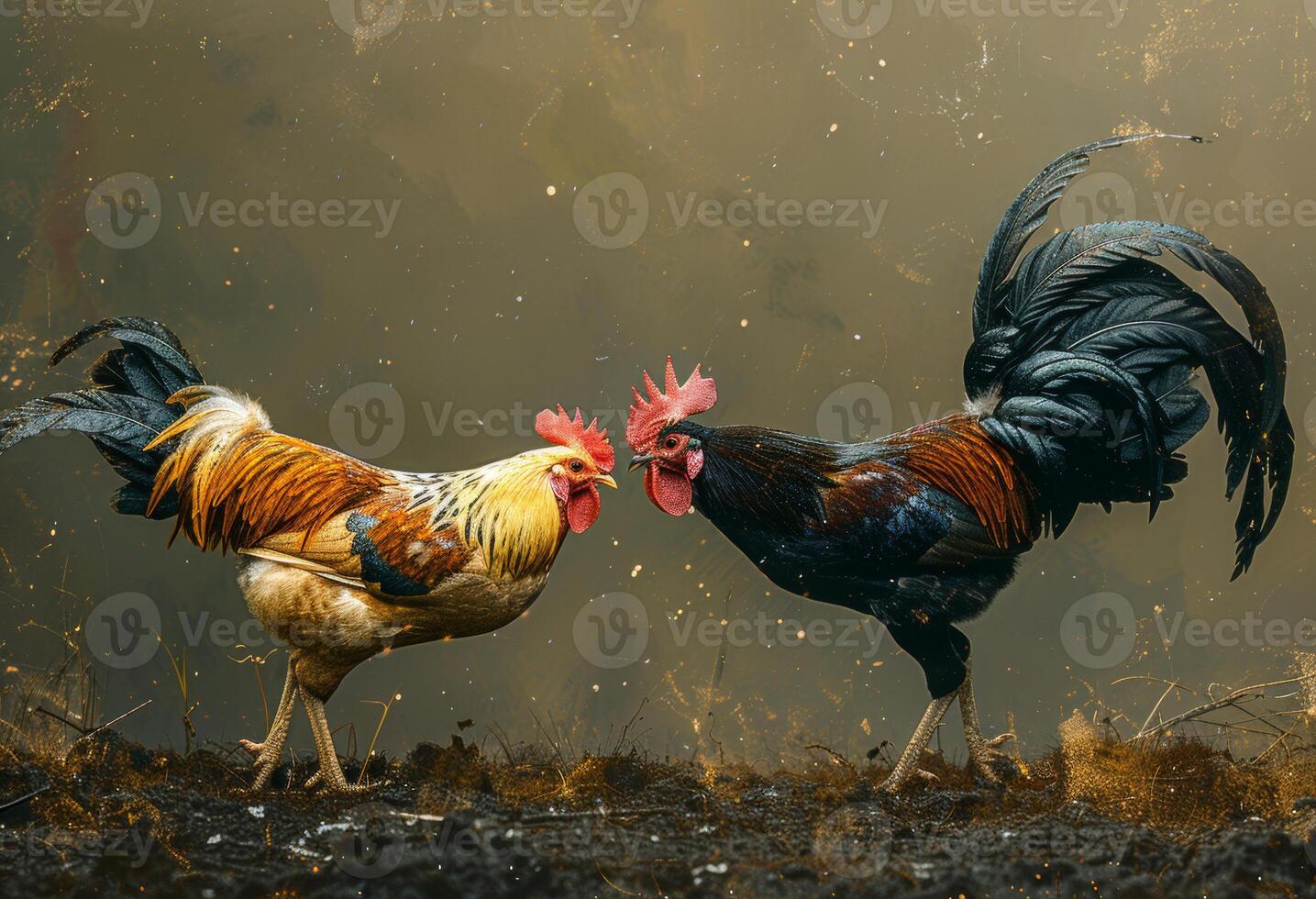 AI generated Two roosters fighting in the farm photo