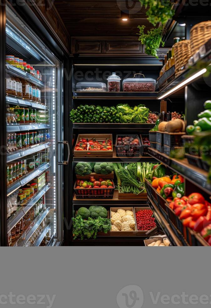 ai generado Fresco frutas y vegetales en el estantería en el Tienda foto