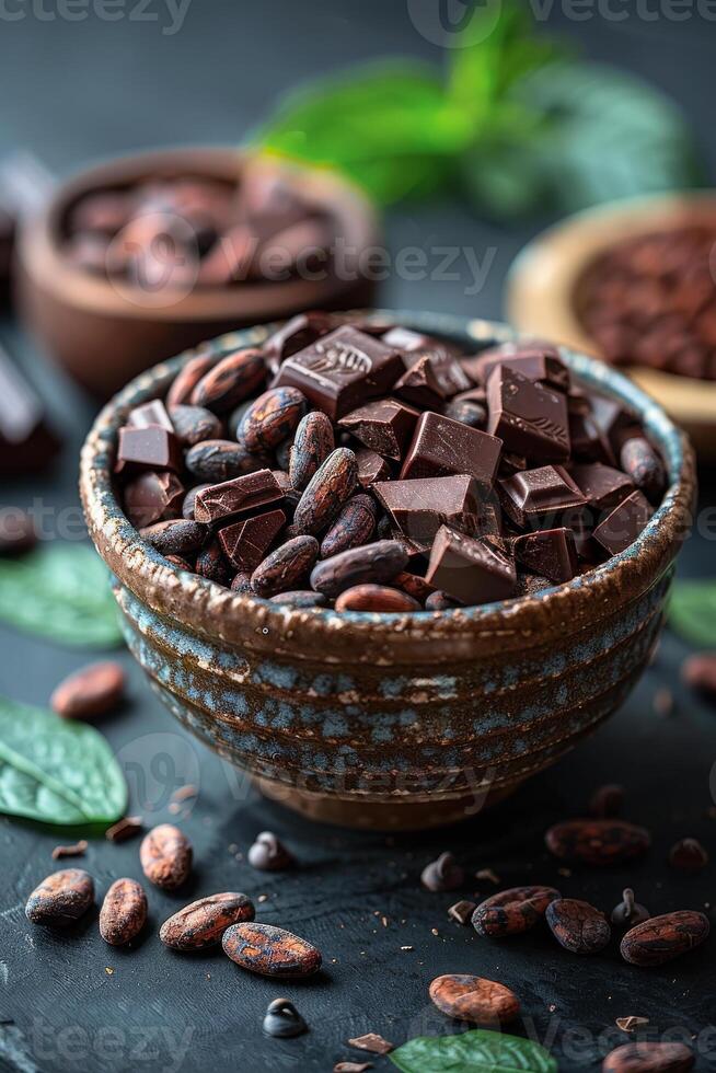 AI generated Chocolate pieces and cocoa beans on black background photo