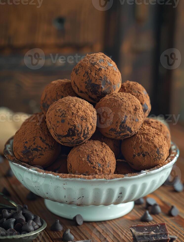 AI generated Homemade chocolate truffles in white bowl on wooden table photo