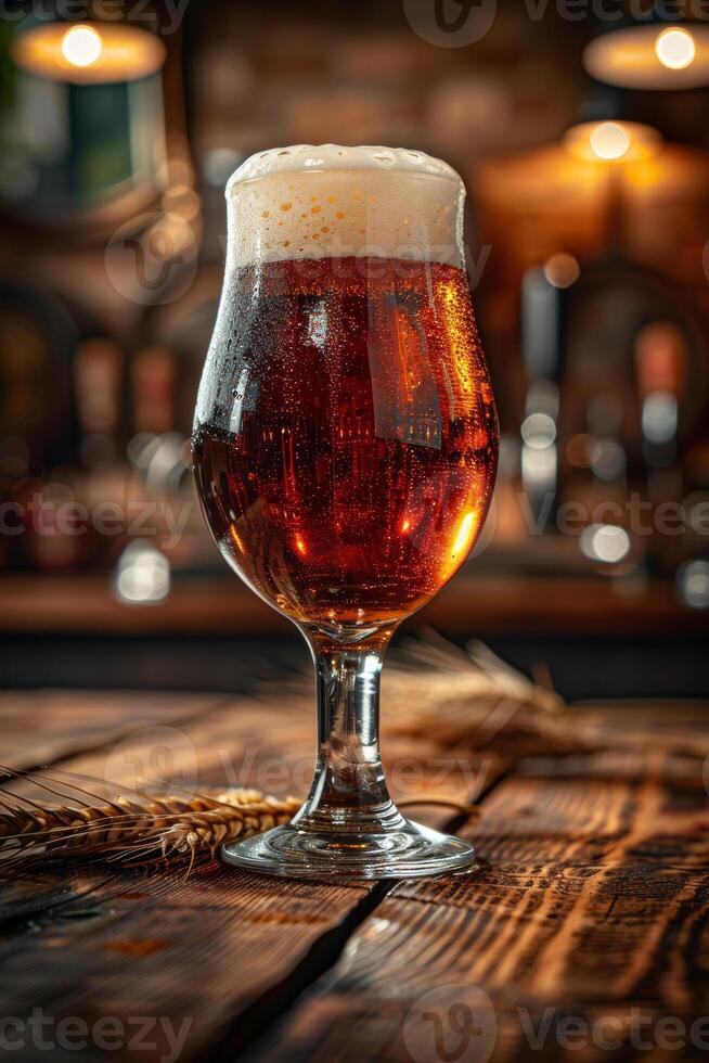 AI generated Glass of cold amber light beer with foam on the wooden bar counter in pub photo