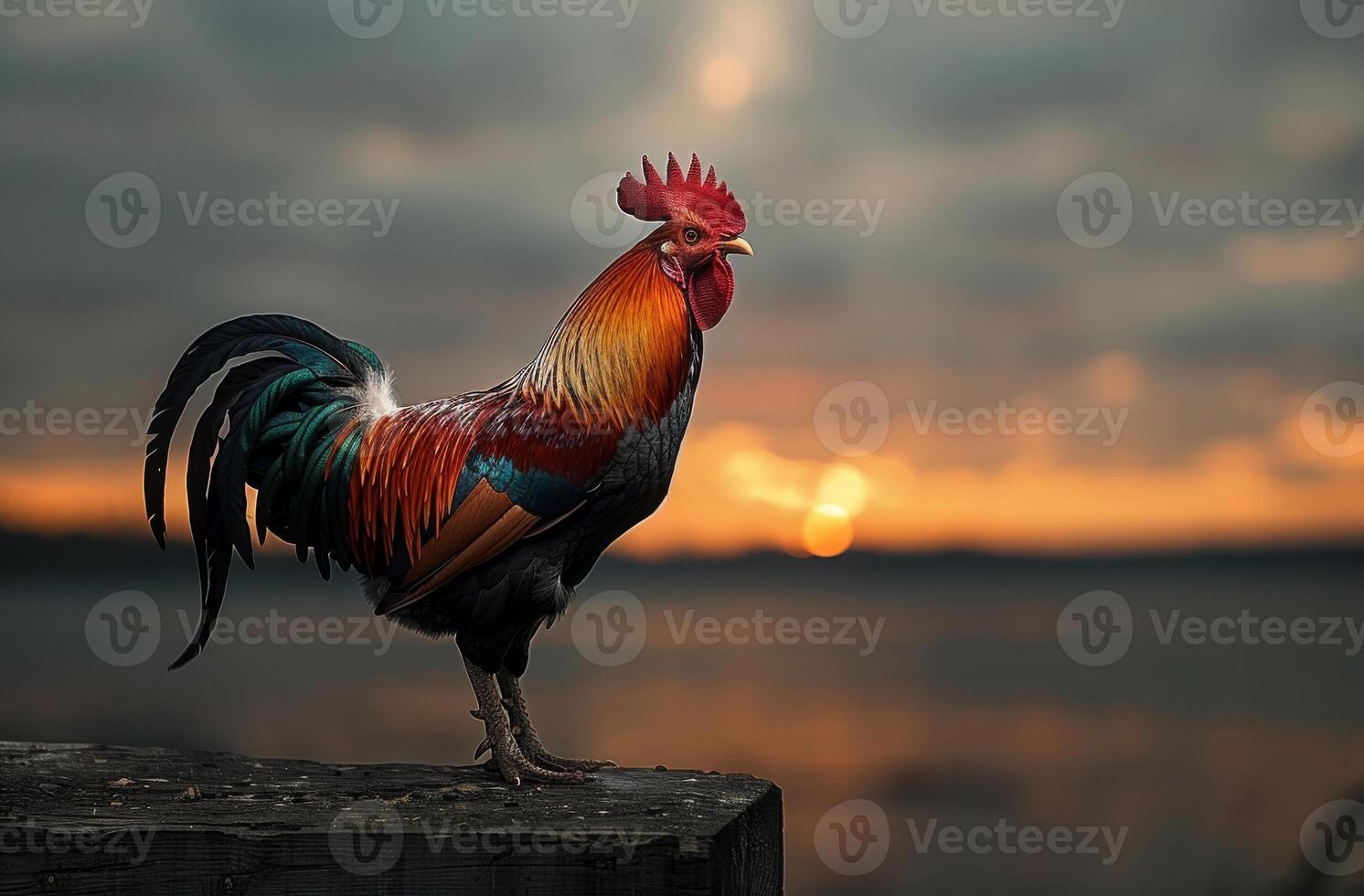 AI generated Rooster standing on wooden fence at sunset photo