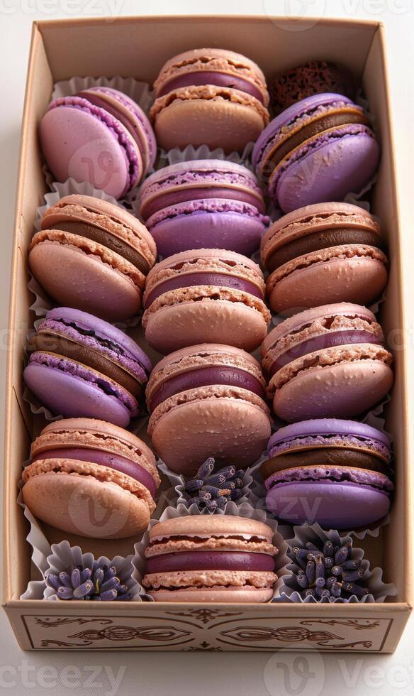 AI generated Colorful macaroons in box photo