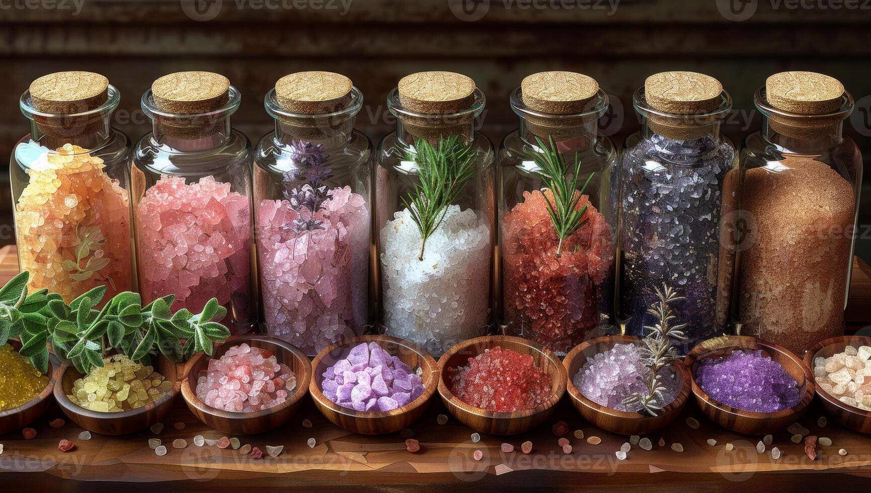 AI generated Different kind of salt in the glass bottles with herbs and spices photo