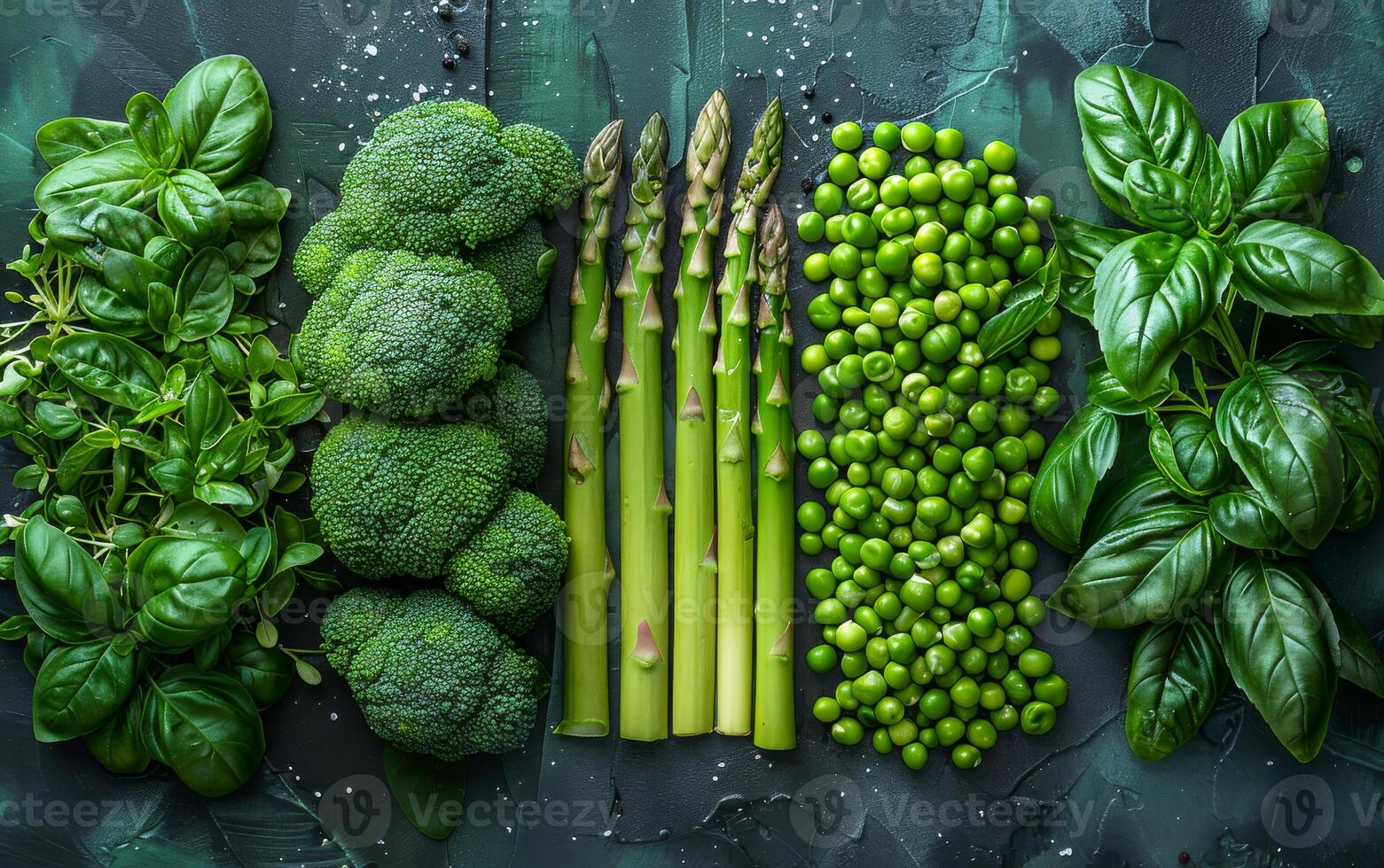 AI generated Green vegetables and herbs on dark background top view photo