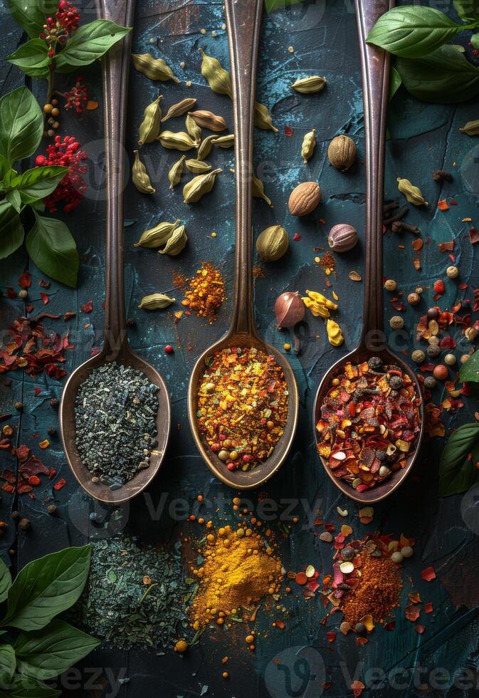 AI generated Spices and herbs on the vintage spoons all spices on the table colorful food background photo