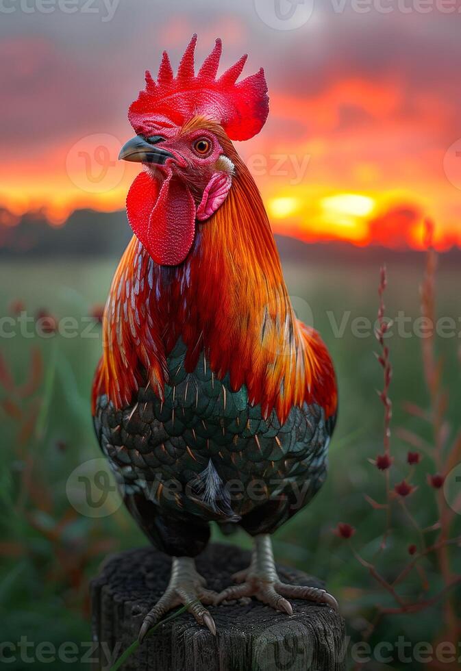 AI generated Rooster crowing in the morning photo