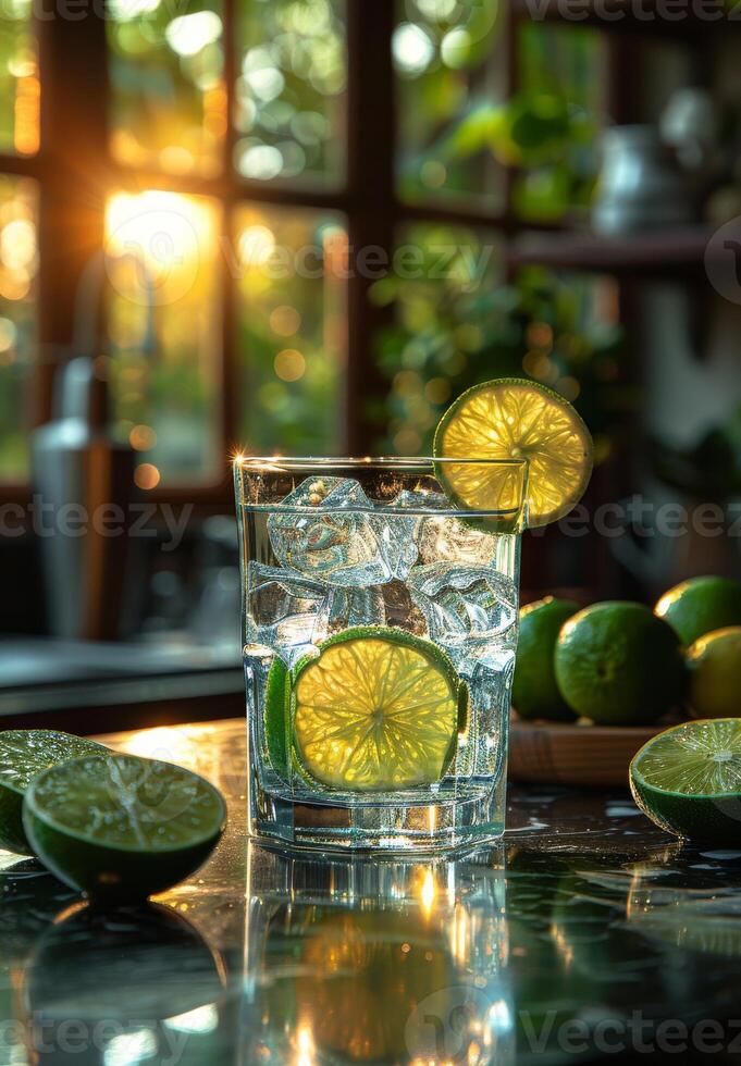 AI generated Glass of water with lime on the table photo