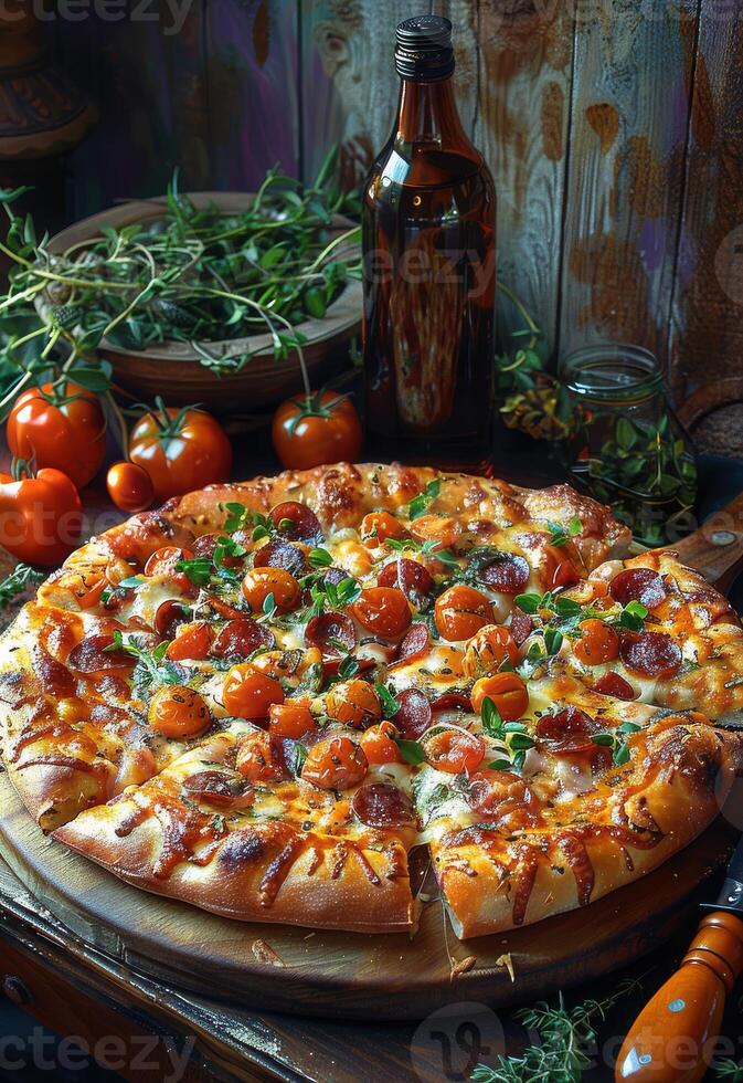 AI generated Delicious pizza with tomatoes and herbs photo