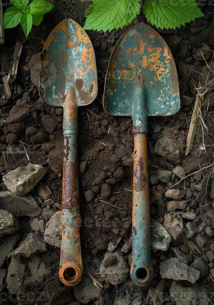 AI generated Two old rusty shovels lie on the ground in the garden photo