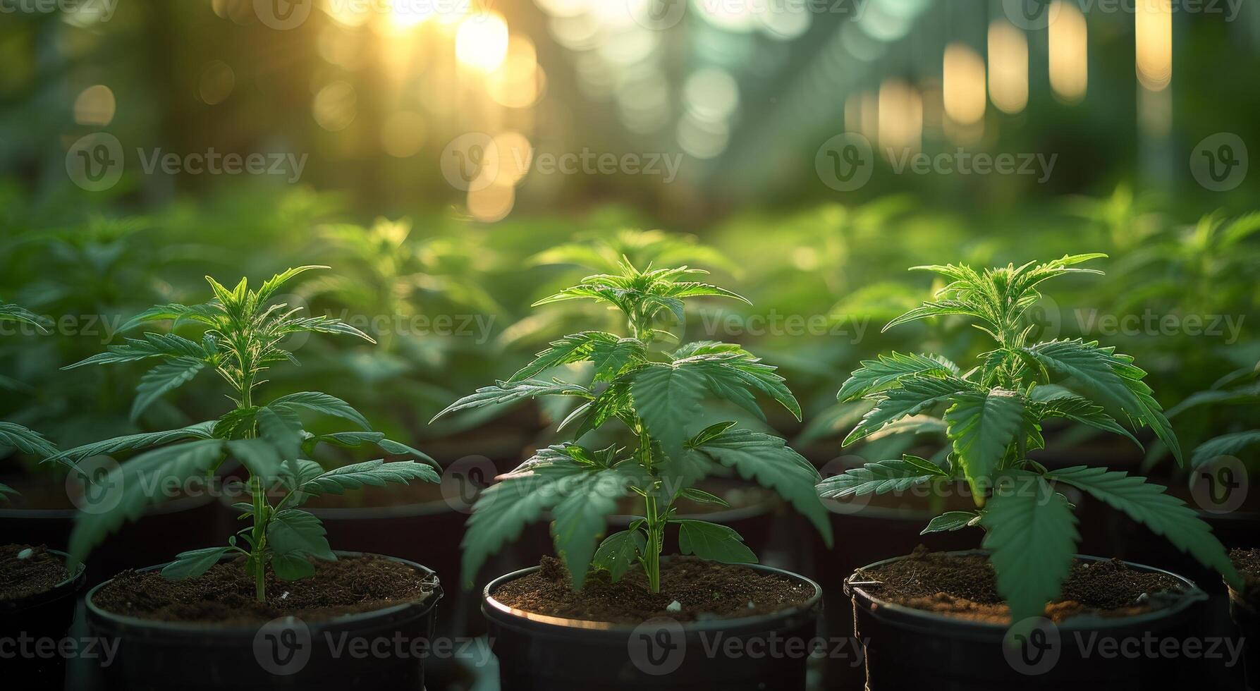 AI generated Young cannabis plants in pots in greenhouse photo