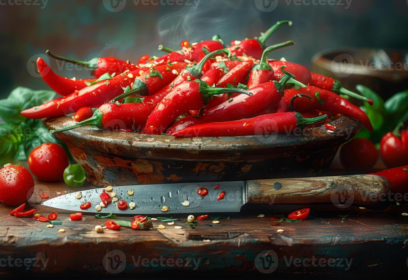 AI generated Red hot chili peppers in bowl photo