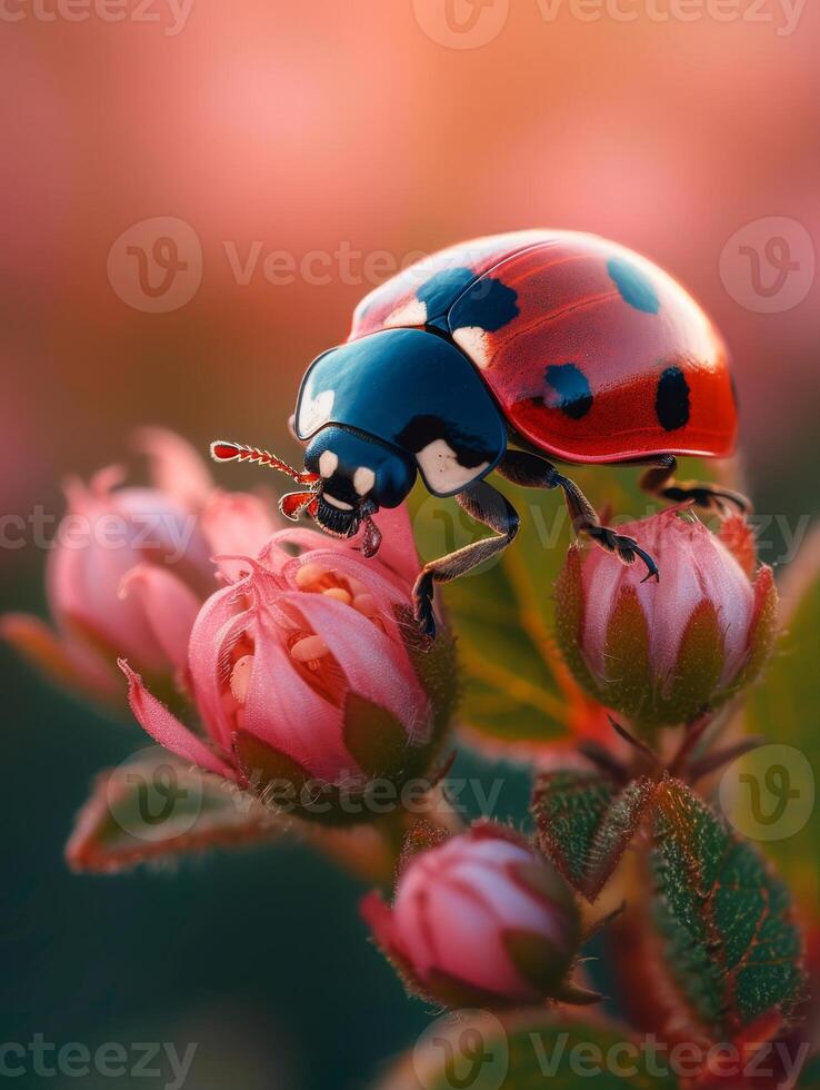 AI generated Ladybug on flower in the sunlight photo