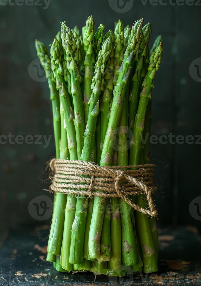 ai generado Fresco verde espárragos como de cerca en negro antecedentes foto