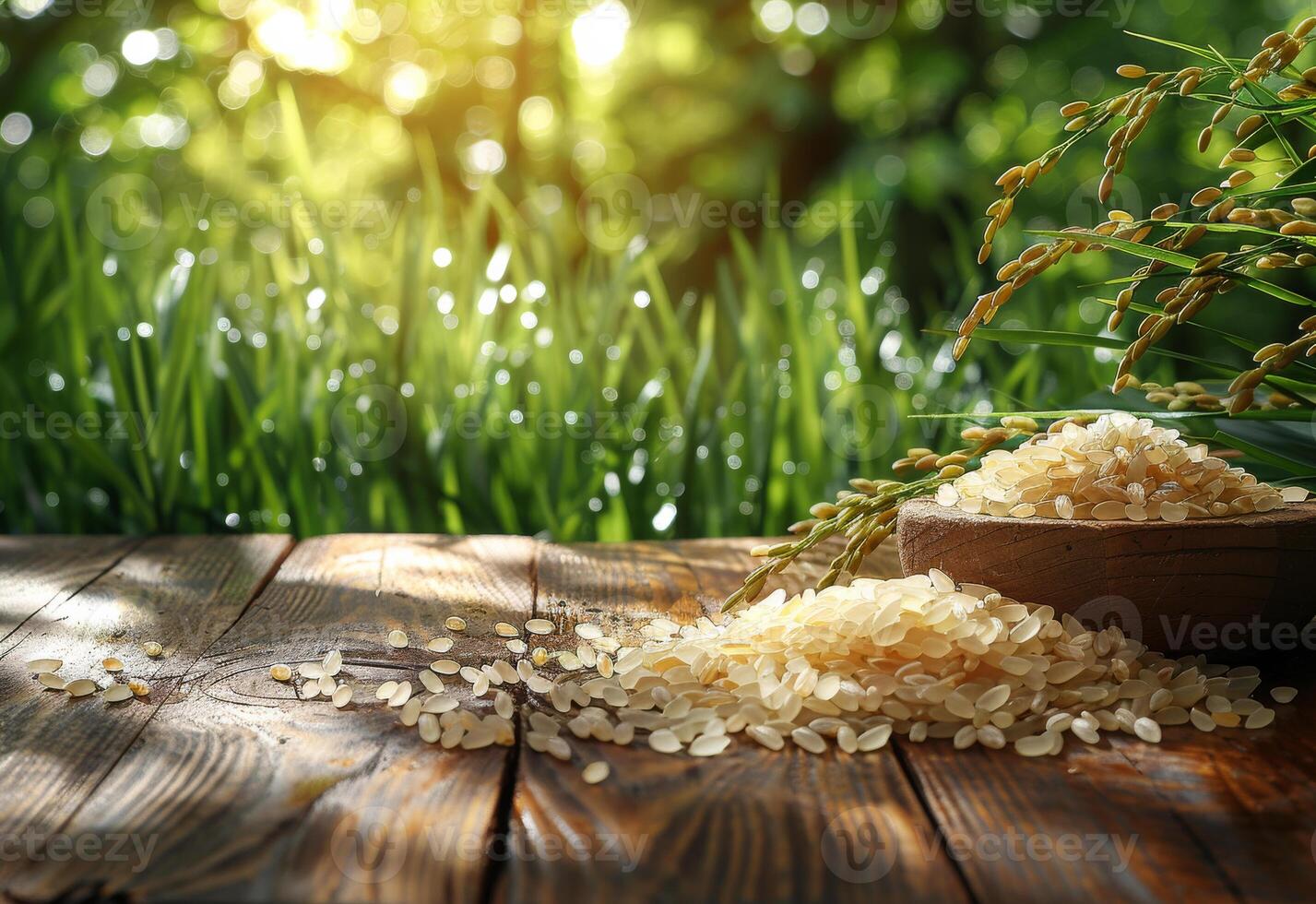AI generated Jasmine rice in bowl with rice plant and wooden spoon on wooden table with the rice field background photo