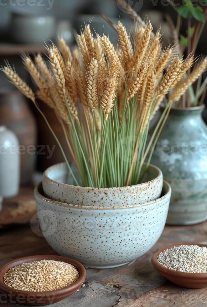 AI generated Wheat and rice in ceramic bowl on wooden table photo