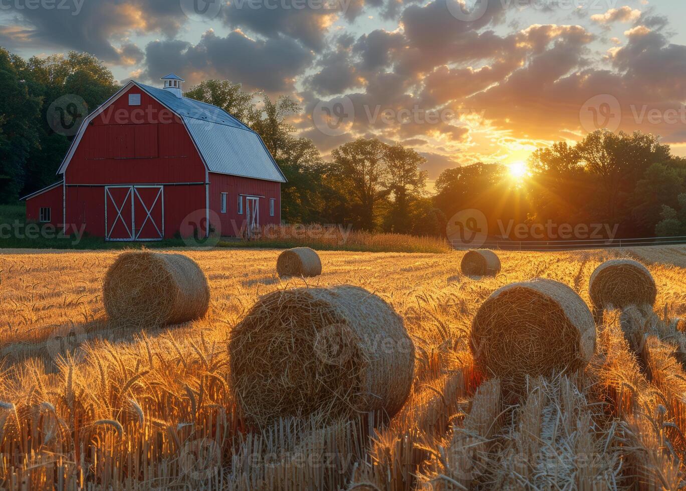 AI generated Round hay bales sit in field at sunset with red barn and silo in the background photo