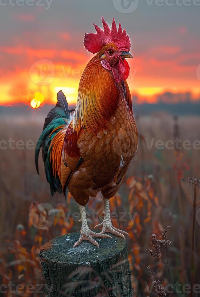 AI generated Rooster standing on stump at sunset photo