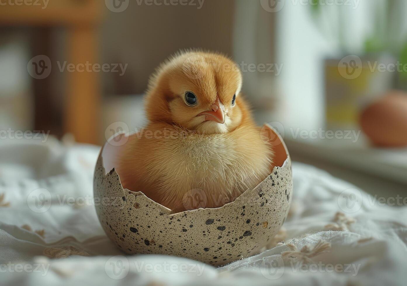 AI generated Cute little chicken sitting in broken egg shell on white bed photo