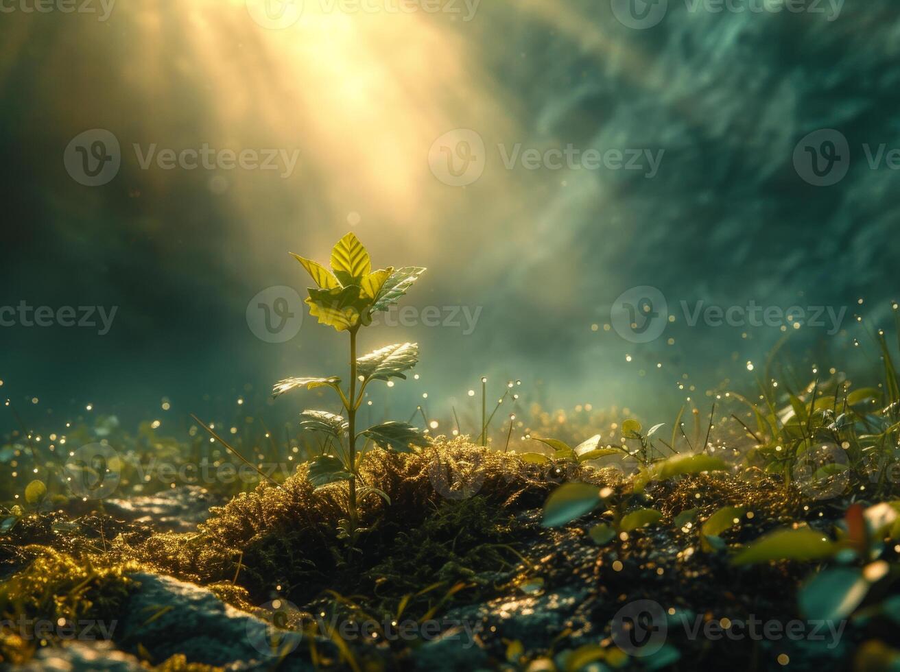 AI generated Small green plant sprouts from the ground with sun rays shining down on it photo