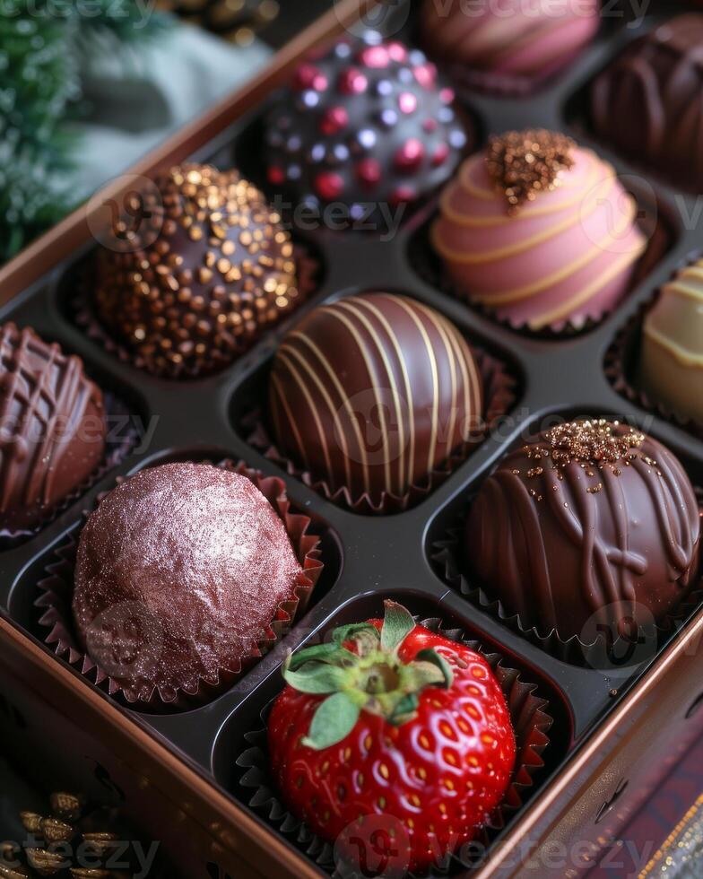 AI generated chocolates and chocolate covered strawberries in a gift box photo