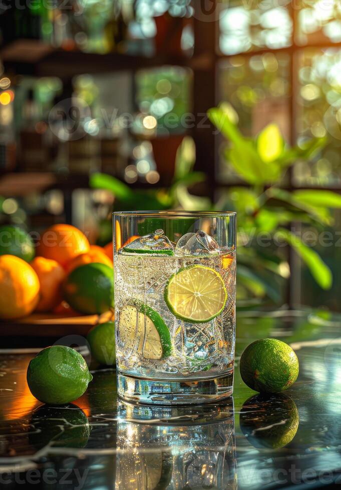 AI generated Gin and tonic with lime and orange on the bar counter photo