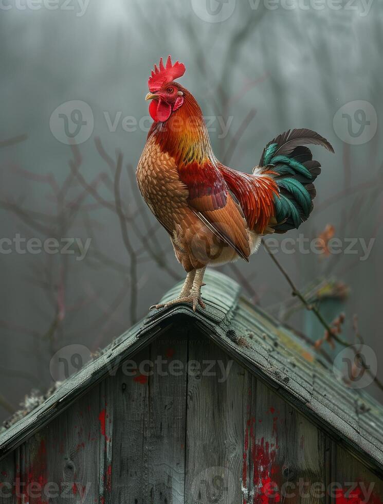 ai generado gallo sentado en techo en el niebla foto