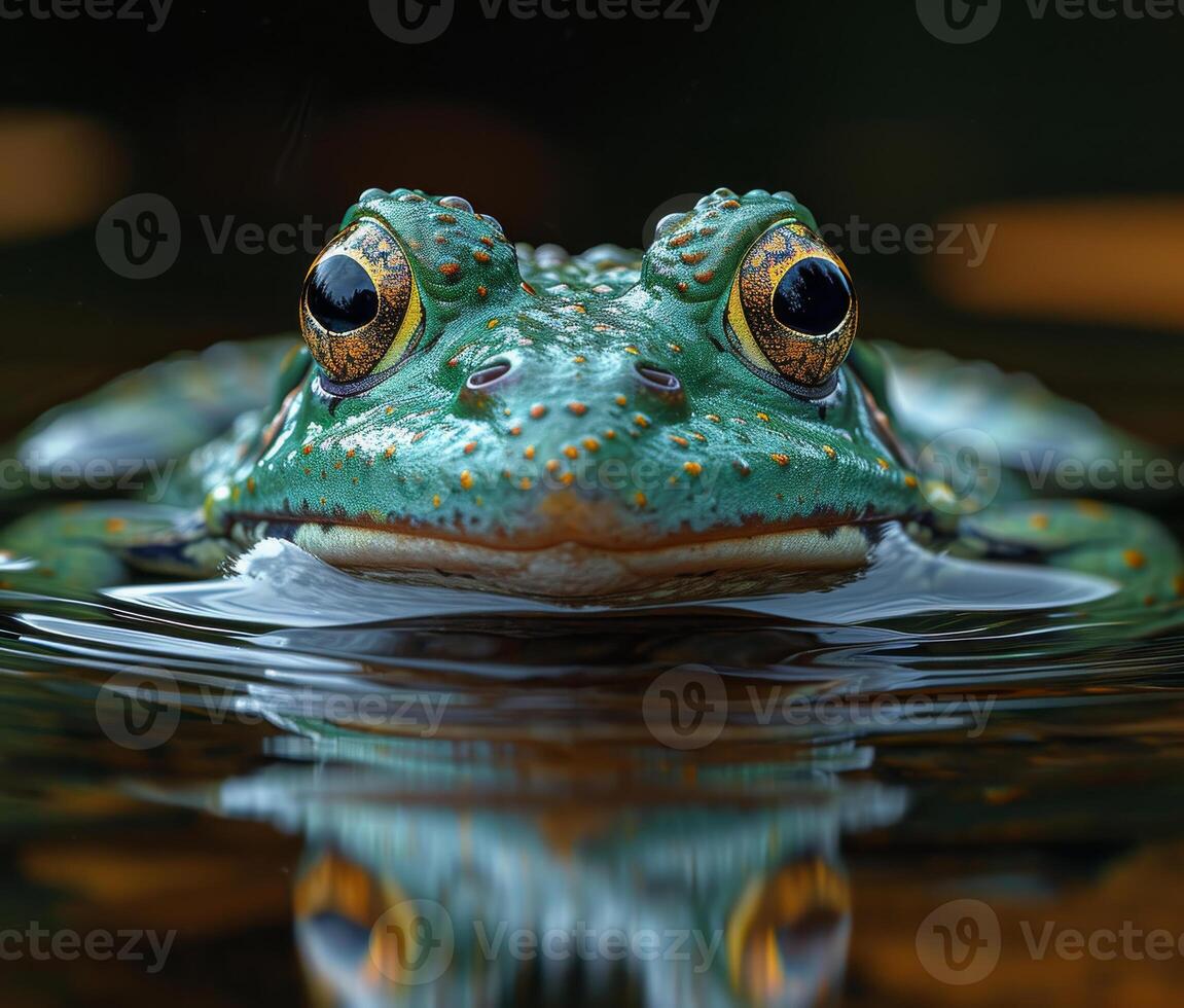 AI generated Green frog is sitting in the water with its head above the surface photo