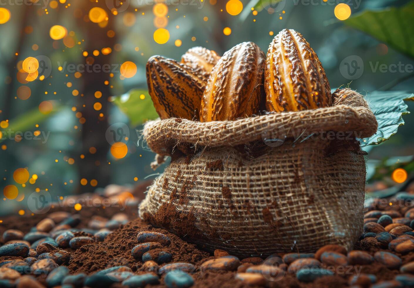 AI generated Cocoa Beans and Cocoa Fruits Fresh cocoa pod cut exposing cocoa seeds photo