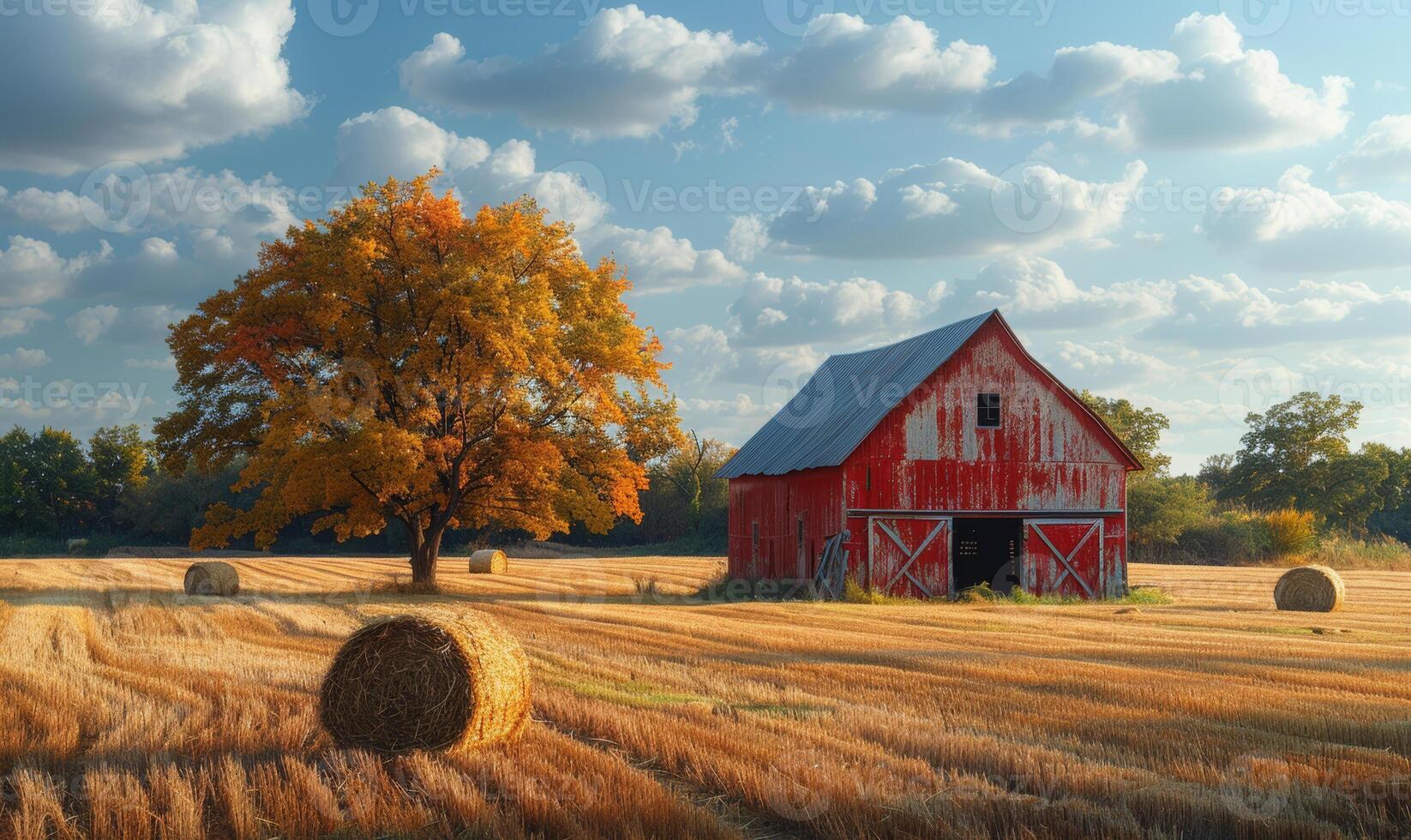 AI generated Red barn and hay bales in field on sunny autumn day photo