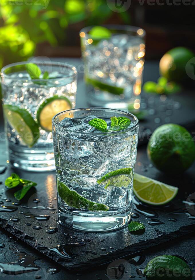 AI generated Three glasses of gin and tonic with lime and mint on slate photo