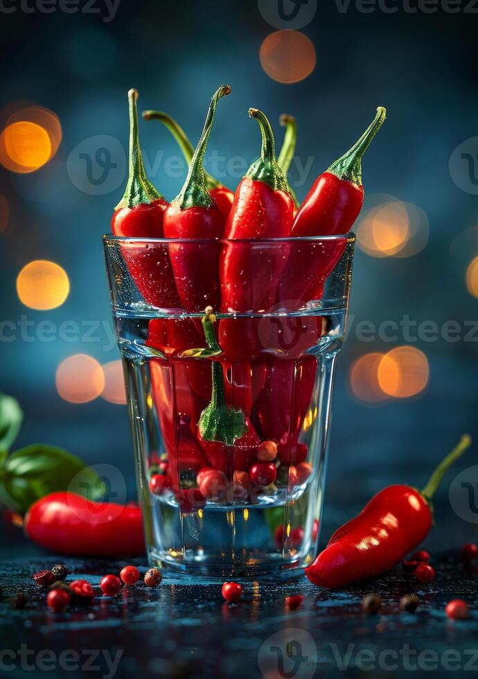 AI generated Red hot chili peppers in glass photo