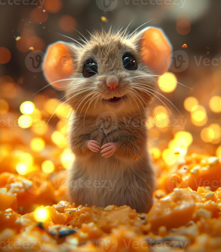 AI generated Cute little mouse and pile of cheese photo