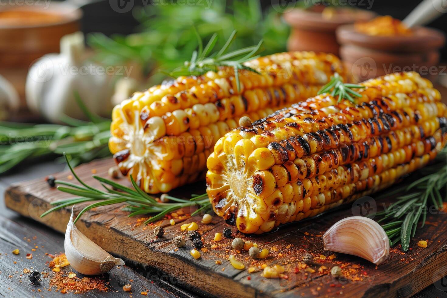 AI generated Grilled corn on the cob with spices on wooden table photo