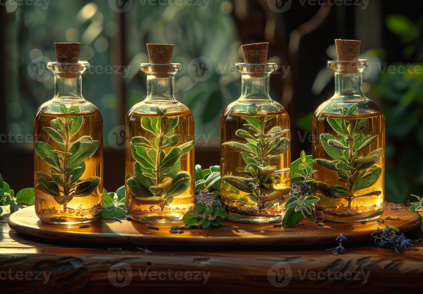 AI generated Four bottles of tincture with fresh herbs on wooden table in the garden photo