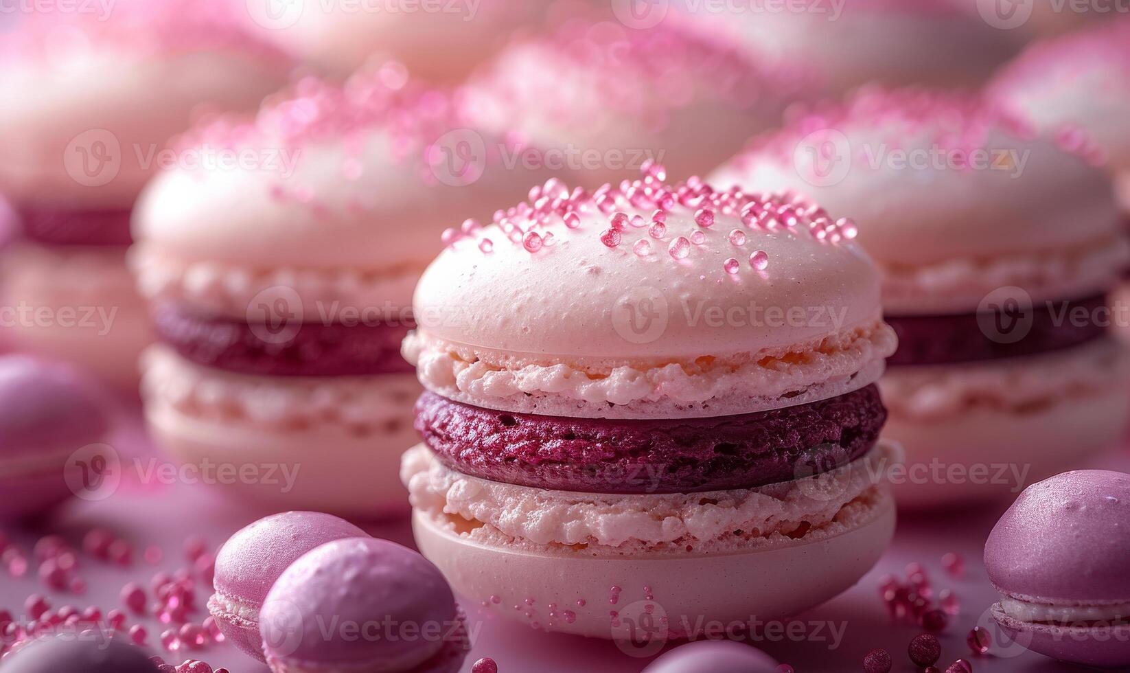 AI generated Pink macaroons with pink sugar sprinkles on pink background photo