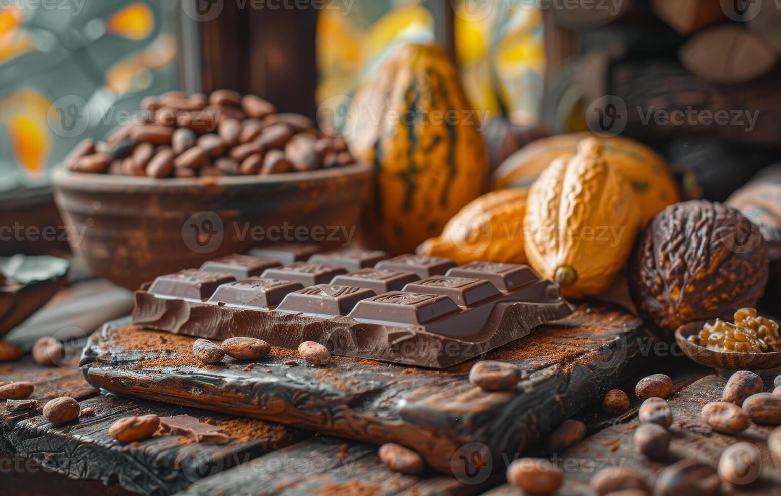 AI generated Chocolate pieces and cocoa beans on wooden table photo